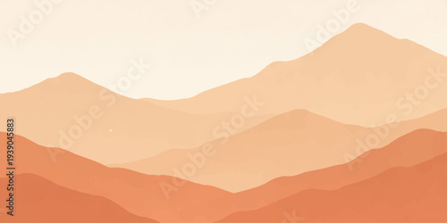Abstract vector illustration of a desert mountain landscape at sunset with orange clouds and a foggy horizon at dawn