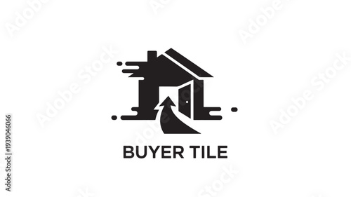 Minimalist black and white buyer tile icon featuring a house with an upward arrow, representing property investment, real estate growth, and financial success.