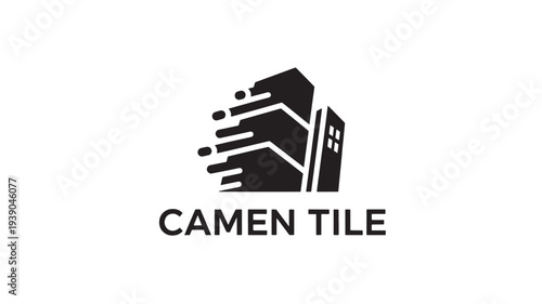 A sleek black logo of Camen Tile on a white background, featuring a stylized building design with abstract lines and dots, conveying modernity and professionalism.
