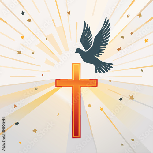 Christian cross with dove and radiant light.