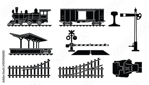 Train locomotive rail car icons vector set with railway tracks, crossing, switch, and station platform designs in silhouette