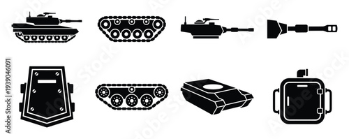 Tank parts vector set: tracks, turret, cannon, armor and fuel tank elements in black silhouette military vehicle