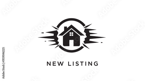 Striking black and white vector illustration of a new home listing icon with dynamic explosion effect, ideal for real estate marketing and property advertisements.