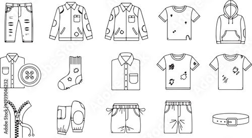 Damaged and worn clothing line icons set including ripped jeans patched jackets old shirts stained t shirts and broken zipper details