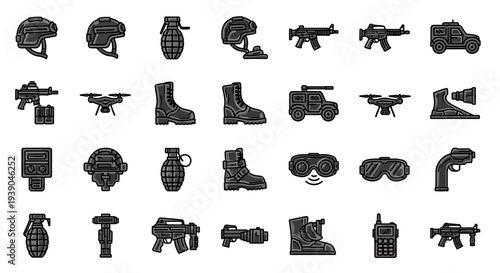 Military Gear and Equipment Filled Outline Icons Set, Army Weaponry and Uniform Items, Isolated White Background