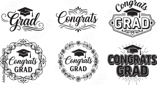 Graduation celebration badges featuring mortarboard hats and decorative floral wreaths with hand drawn script typography for university