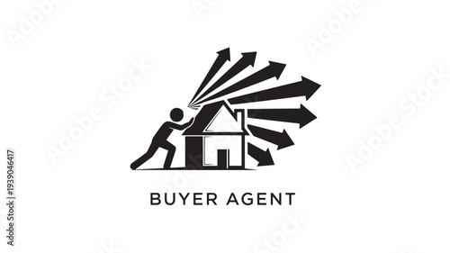 A black and white icon depicting a buyer agent pushing a house with multiple arrows radiating from it, representing property search and real estate services on a plain white background.