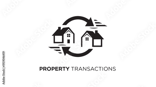 A black and white logo featuring two house icons within a circular arrow design, symbolizing property transactions and real estate exchange on a clean white background.