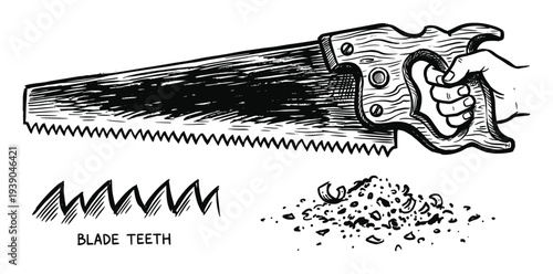 Hand saw illustration with wooden handle, blade teeth detail and wood shavings, showing cutting tool construction and use