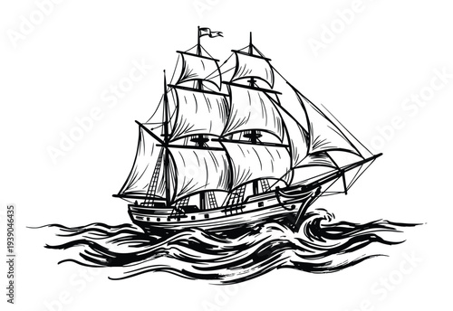 Detailed drawing of a sailing ship with sails, mast, and hull navigating through ocean waves, ink sketch illustration.