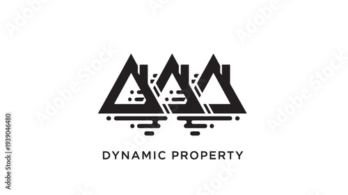 A sleek black logo featuring three geometric triangles with abstract details, representing dynamic property, on a clean white background, ideal for branding and business concepts.