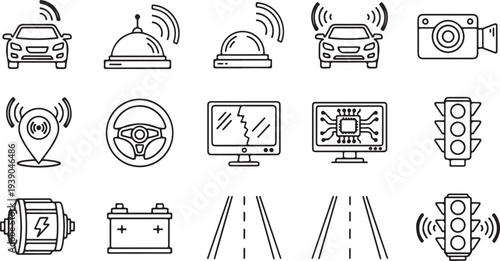 Autonomous vehicle technology icons showing smart car sensors traffic lights cameras steering wheels and electric battery components