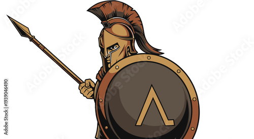 Ancient Warrior with Spear and Shield, Historical Battle Illustration