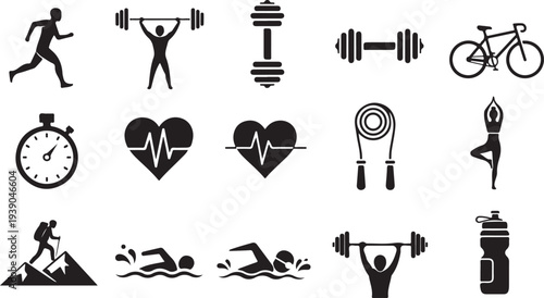 Fitness and gym training icons collection with running man weightlifting dumbbells bicycle stopwatch heart rate and swimming symbols