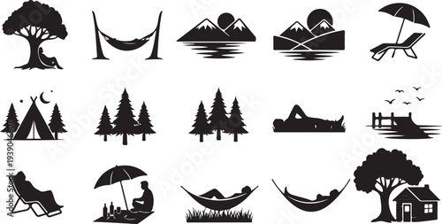 Outdoor relaxation and camping silhouettes set with person in hammock tent in woods beach chair sunbed and cozy cabin in forest park