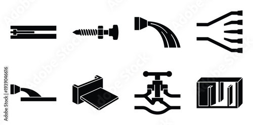 Papermaking headbox slice lip icons set. Stock preparation system, machine elements, press section, wire section