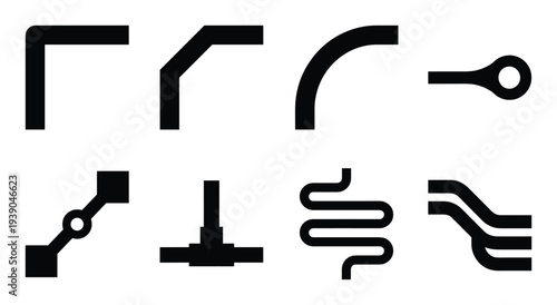 PCB trace corner routing icons vector set. Circuit board layout wiring with bends and intersections. Electronic design elements.