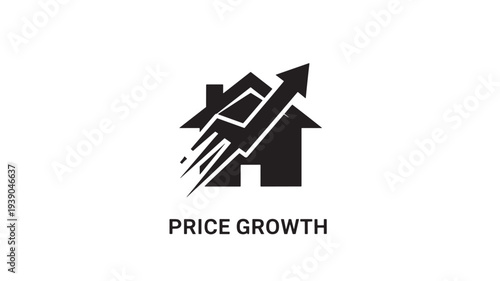 A black icon depicting a house with a rising arrow, symbolizing price growth and increase in real estate value, on a white background.