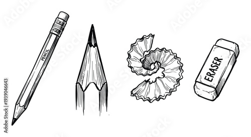 Pencil lead shavings and eraser illustration sketch style drawing, art supplies and stationery objects in black and white colors