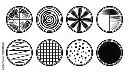 Petri dish streak pattern icons with quadrant, spiral, and radial designs for microbiology or bacteriology applications.