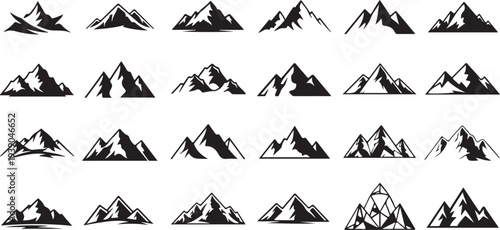 Mountain peak vector set, nature landscape, outdoor adventure, rock summit, hiking, climbing, travel emblem