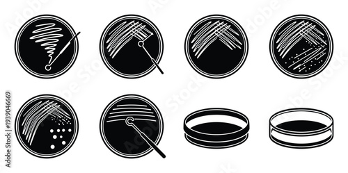 Petri Dish Streak Plate Dilution Techniques Icons, Microbiology Laboratory Methods, Microbial Growth and Analysis