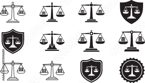 Scales of justice symbol set weighing coins inside shields and emblems on transparent background