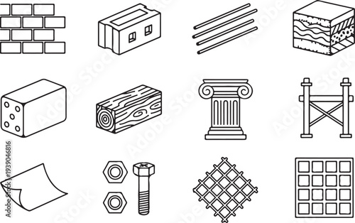 Construction and building materials outline icons set including brick wall concrete block wooden beam nuts bolts and other architectural elements