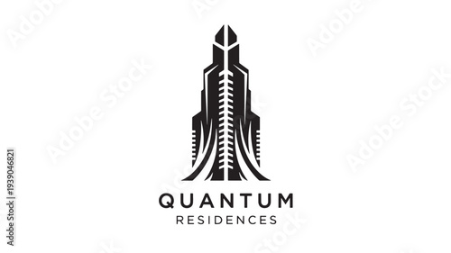 A modern black and white logo featuring a futuristic icon with the text 'Quantum Residences' below, representing luxury and innovation in residential design.
