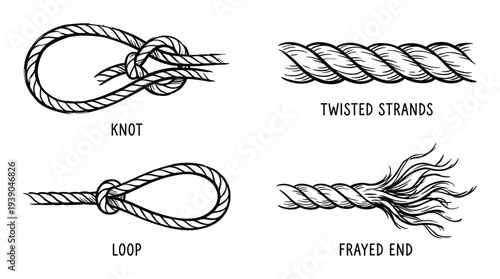 Rope knot types illustration: Knot, loop, twisted strands, and frayed end, a black and white line art drawing, different stages
