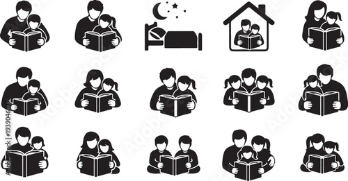 Reading family vector icons set with black silhouettes of parents and children enjoying books bedtime stories and shared learning moments