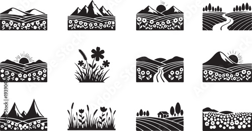 Set of landscape illustrations in black and white featuring mountains fields and flowers creating a serene natural scene for design