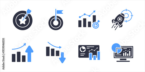 Business Goal And Performance Icons Pack. Target strategy analytics and monitoring vector icon set for office management