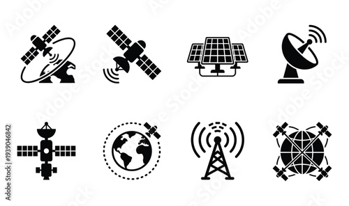 Satellite and Solar Panels Vector Set, Communication Technology, Earth Orbiting Spacecraft, and Renewable Energy