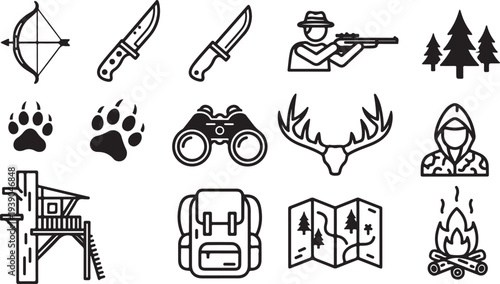 Hunting and outdoor adventure icons including bow arrow knife binoculars antlers backpack map and campfire for survival