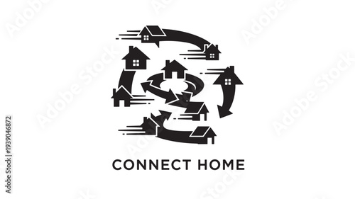 A black icon featuring houses with arrows forming a circular connection, symbolizing unity and network, on a white background.