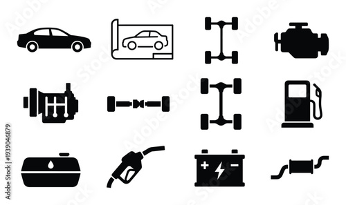 Sedan automotive design icons set vector. Car blueprint, chassis, engine, gearbox, axle, gas station, fuel tank and battery.