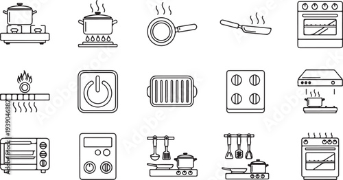 Kitchen appliance icons in outline style showing cooking and kitchen essentials like stoves ovens pans and pots for cooking