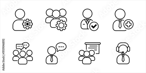 Employee management outline icons pack. Business office workforce thin line communication and support icon set