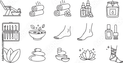 Spa and wellness icons featuring massage chair towels oils candle foot care lotus flower stones for relaxation and beauty treatments