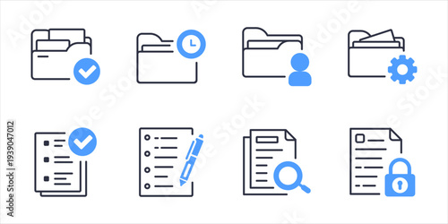 Work File Organization And Project Tracking Icons. Document review approval and office management vector icon set