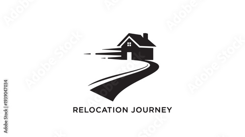 A stylized black logo featuring a house on a winding road, symbolizing relocation and journey, with a clean and modern design.