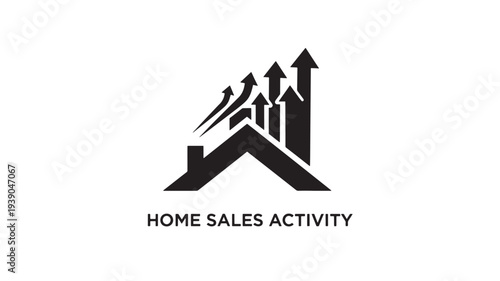 A black and white logo featuring a house with rising arrows, indicating increasing home sales activity, on a clean white background, perfect for real estate and business concepts.