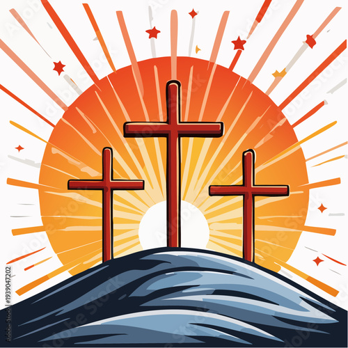 Three crosses on a hill with a radiant orange sun.