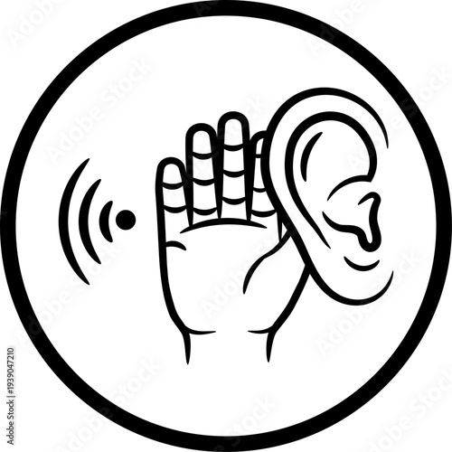Listening Ear and Hand Icon – Hear Sound, Attention and Audio Detection Line Vector Symbol