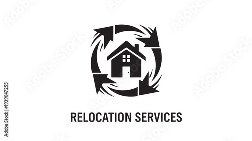 A black and white logo featuring a house surrounded by arrows, symbolizing relocation services, on a clean white background, conveying professionalism and movement.