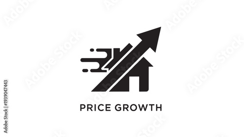A black and white graphic illustrating price growth with a rising arrow and house icon on a clean white background, conveying success and prosperity in real estate or finance.