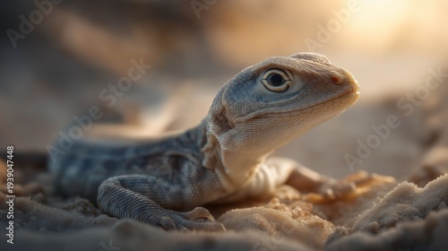 A small lizard rests on soft sand, soaking up the golden sunlight of evening. Its vibrant skin glimmers, showcasing intricate patterns while nature whispers around it
