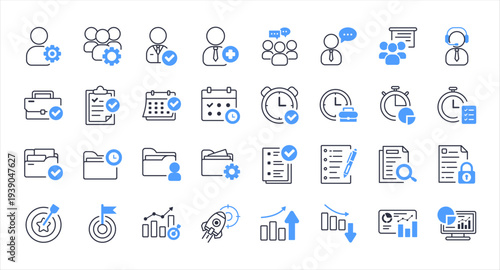 Business Team Project And Performance Icons Pack. Office workflow document management task planning and analytics monitoring vector icons