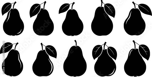 Collection of black pear silhouettes with leaves a white background fruit